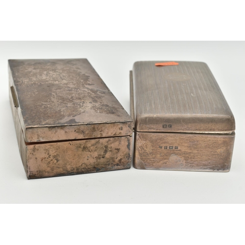 169 - TWO SILVER CIGARETTE BOXES, the first with an engine turned pattern, engraved monogram and personal ... 