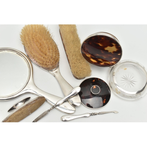 170 - ASSORTED SILVER AND TORTISESHELL PIECES, to include a hair brush, mirror and clothes brush, hallmark... 