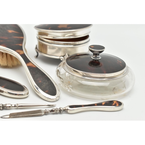 170 - ASSORTED SILVER AND TORTISESHELL PIECES, to include a hair brush, mirror and clothes brush, hallmark... 