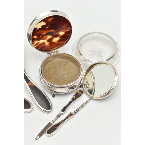 170 - ASSORTED SILVER AND TORTISESHELL PIECES, to include a hair brush, mirror and clothes brush, hallmark... 