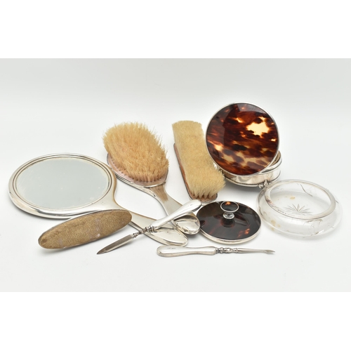 170 - ASSORTED SILVER AND TORTISESHELL PIECES, to include a hair brush, mirror and clothes brush, hallmark... 