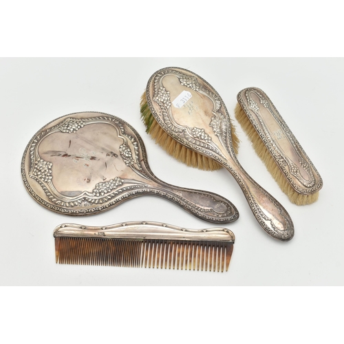 171 - AN EARLY 2OTH CENTURY SILVER DRESSING TABLE SET AND A COMB, the set including a mirror and two brush... 