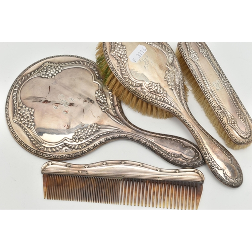 171 - AN EARLY 2OTH CENTURY SILVER DRESSING TABLE SET AND A COMB, the set including a mirror and two brush... 