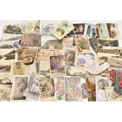 172 - A SELECTION OF POSTCARDS, CIGARETTE CARDS AND THREE PENNIES, the postcards are mainly early 20th cen... 