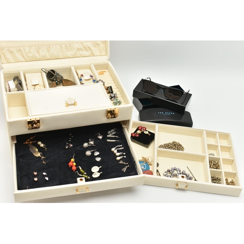 173 - A MULTI STORAGE JEWELLERY BOX WITH JEWELLERY AND OTHER ITEMS, cream jewellery box with draws, togeth... 