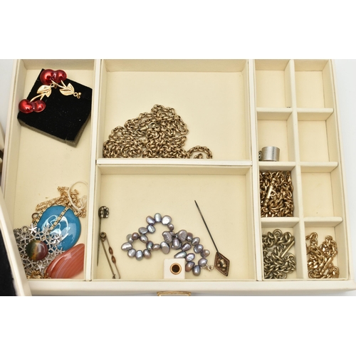 173 - A MULTI STORAGE JEWELLERY BOX WITH JEWELLERY AND OTHER ITEMS, cream jewellery box with draws, togeth... 