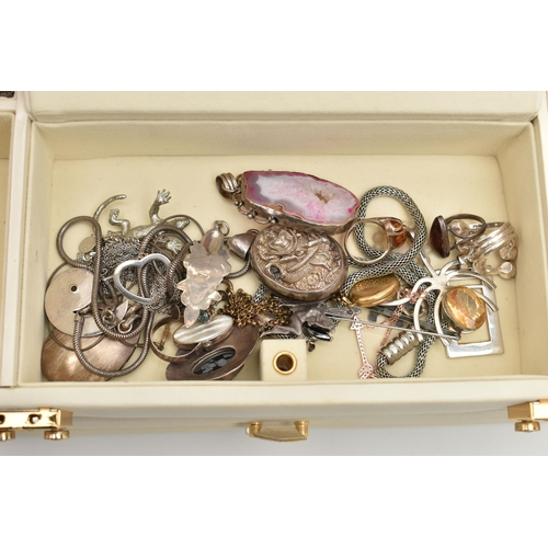 173 - A MULTI STORAGE JEWELLERY BOX WITH JEWELLERY AND OTHER ITEMS, cream jewellery box with draws, togeth... 