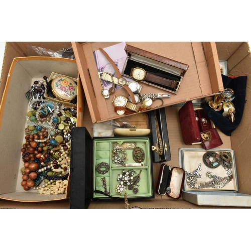 174 - A BOX OF ASSORTED ITEMS, to include a small jewellery box with costume brooches and imitation pearls... 