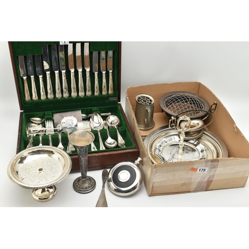 175 - A CANTEEN AND WHITE METAL WARE, to include a 'Butler of Sheffield' wooden canteen complete with a si... 