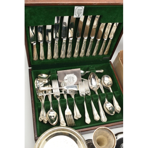 175 - A CANTEEN AND WHITE METAL WARE, to include a 'Butler of Sheffield' wooden canteen complete with a si... 