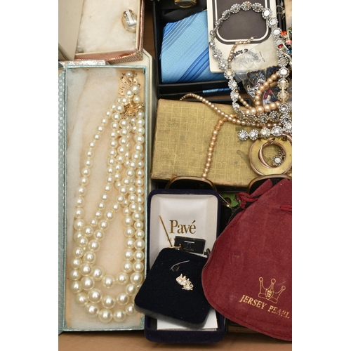 176 - A BOX OF ASSORTED ITEMS, to include costume jewellery, necklaces, bracelets, earrings, brooches, two... 