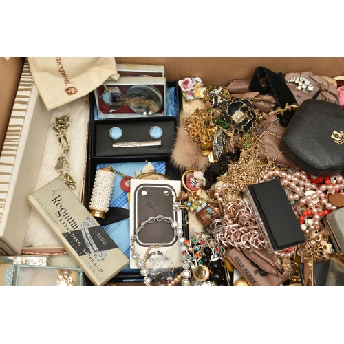 176 - A BOX OF ASSORTED ITEMS, to include costume jewellery, necklaces, bracelets, earrings, brooches, two... 