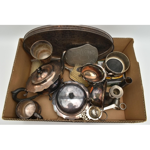 184 - A BOX OF ASSORTED WHITE METAL WARE, to include an oval tray, an EPNS three piece tea set comprising ... 