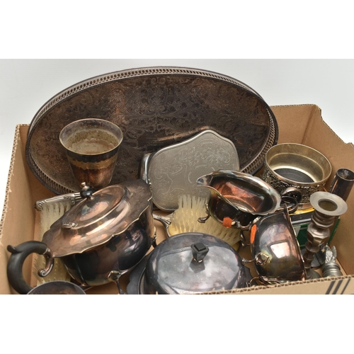 184 - A BOX OF ASSORTED WHITE METAL WARE, to include an oval tray, an EPNS three piece tea set comprising ... 