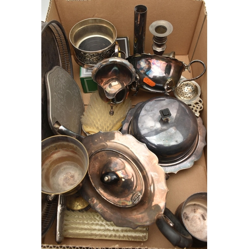 184 - A BOX OF ASSORTED WHITE METAL WARE, to include an oval tray, an EPNS three piece tea set comprising ... 