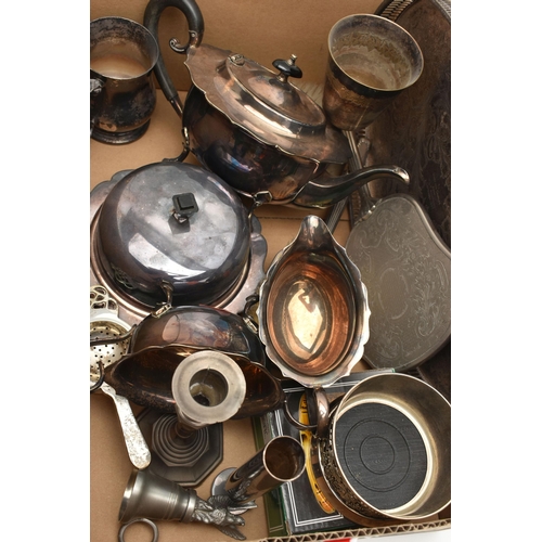 184 - A BOX OF ASSORTED WHITE METAL WARE, to include an oval tray, an EPNS three piece tea set comprising ... 