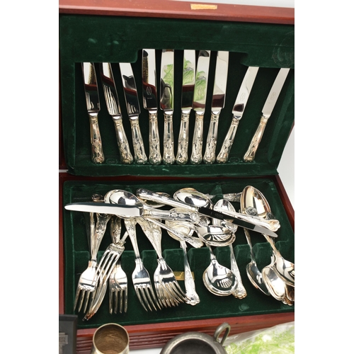 185 - A BOX OF ASSORTED WHITE  METAL WARE, to include a 'Butler' wooden canteen containing a six person ta... 