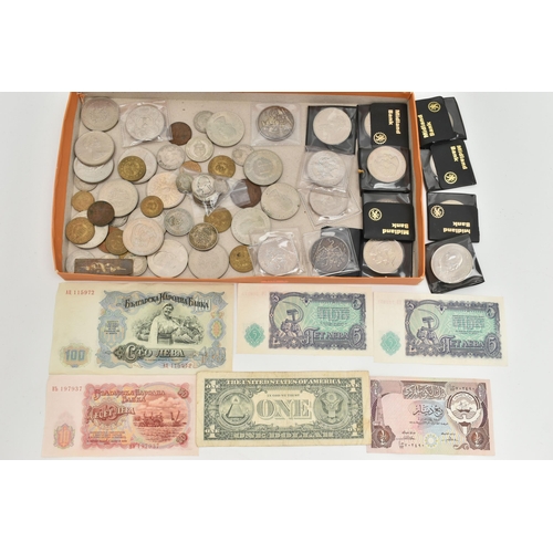 187 - A CARDBOARD BOX LID CONTAINING A SMALL AMOUNT OF COINS, to include 2x 1889 Victorian Crown coins, a ... 