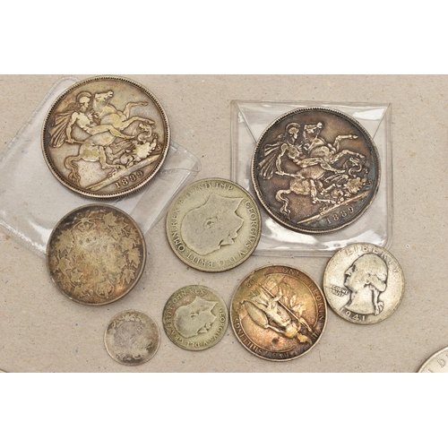 187 - A CARDBOARD BOX LID CONTAINING A SMALL AMOUNT OF COINS, to include 2x 1889 Victorian Crown coins, a ... 