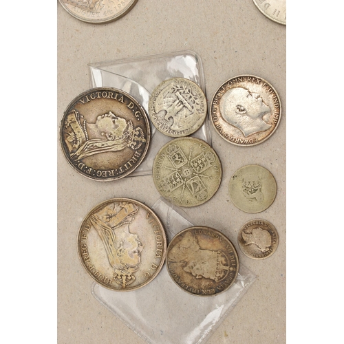 187 - A CARDBOARD BOX LID CONTAINING A SMALL AMOUNT OF COINS, to include 2x 1889 Victorian Crown coins, a ... 