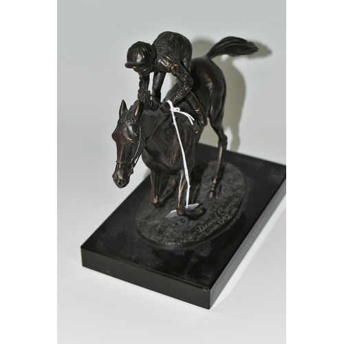 302 - AFTER DAVID CORNELL (BRITISH, B.1935), A BRONZE STUDY 'CHAMPION FINISH', depicting Lester Piggot rid... 