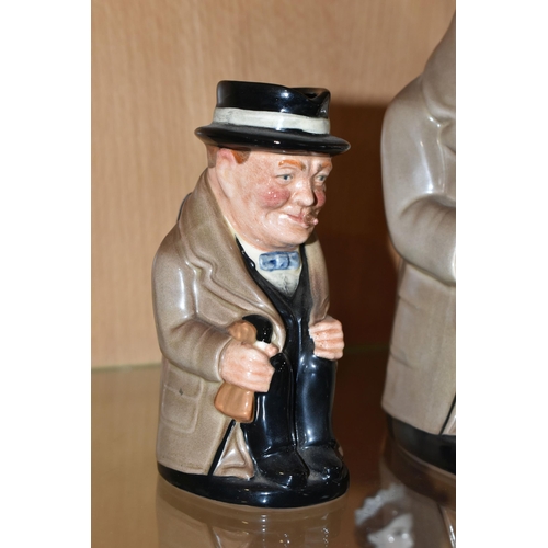 304 - TWO ROYAL DOULTON WINSTON CHURCHILL TOBY JUGS AND A ROYAL DOULTON SIR WINSTON CHURCHILL FIGURE, the ... 