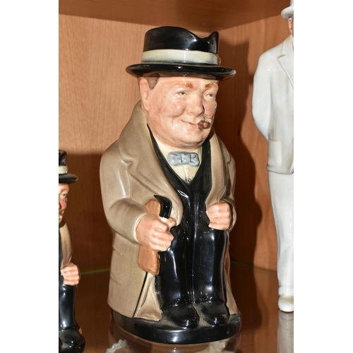 304 - TWO ROYAL DOULTON WINSTON CHURCHILL TOBY JUGS AND A ROYAL DOULTON SIR WINSTON CHURCHILL FIGURE, the ... 