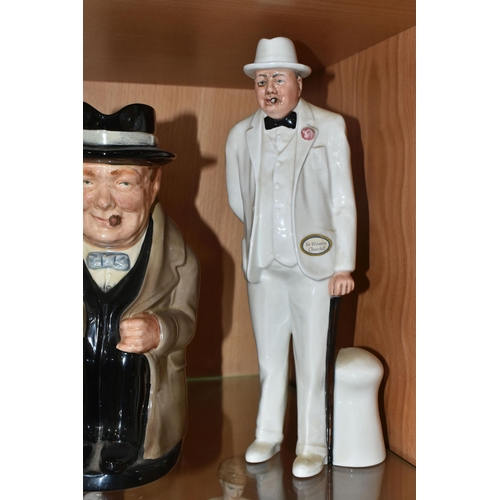 304 - TWO ROYAL DOULTON WINSTON CHURCHILL TOBY JUGS AND A ROYAL DOULTON SIR WINSTON CHURCHILL FIGURE, the ... 