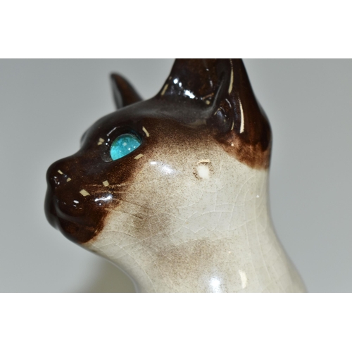 305 - A WINSTANLEY POTTERY FIGURE OF A SIAMESE CAT, with bright blue glass eyes, signed 'Winstanley, Kensi... 