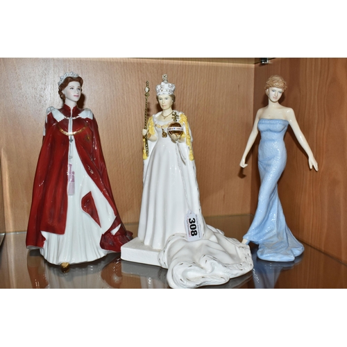 308 - THREE ROYAL FIGURINES, comprising a Coalport figurine of Queen Elizabeth II at her coronation, issue... 