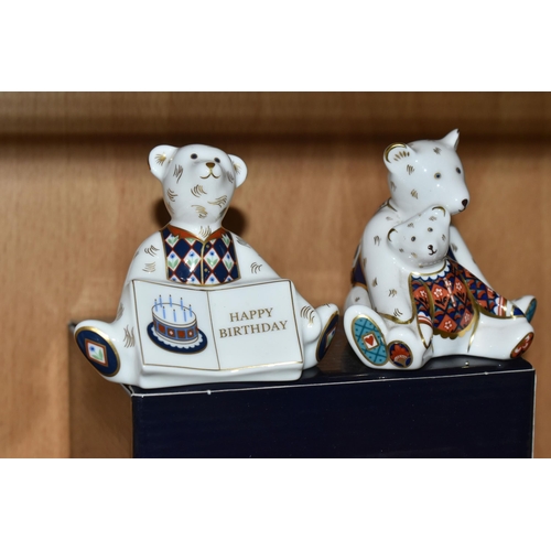 311 - A BOXED ROYAL CROWN DERBY 'DRUMMER BEAR' PAPERWEIGHT AND THREE MINIATURE TEDDIES FIGURES, comprising... 