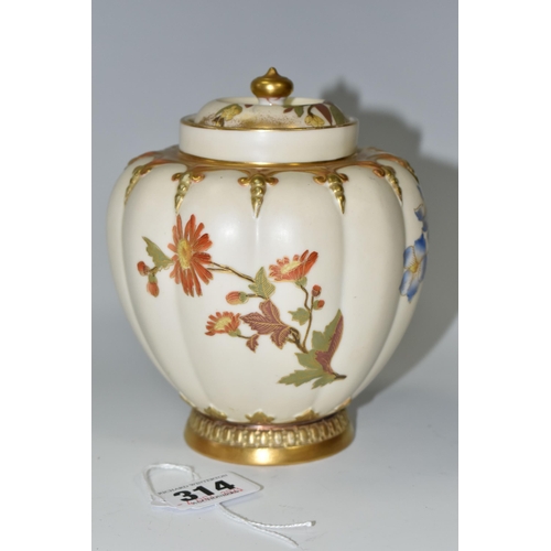 314 - A ROYAL WORCESTER BLUSH IVORY COVERED VASE, of lobed form painted with flowers, purple printed marks... 