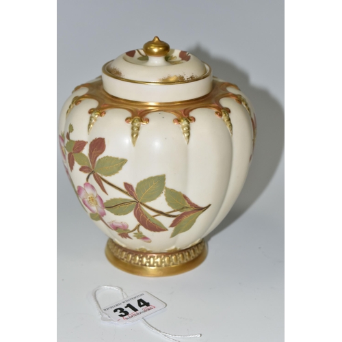 314 - A ROYAL WORCESTER BLUSH IVORY COVERED VASE, of lobed form painted with flowers, purple printed marks... 