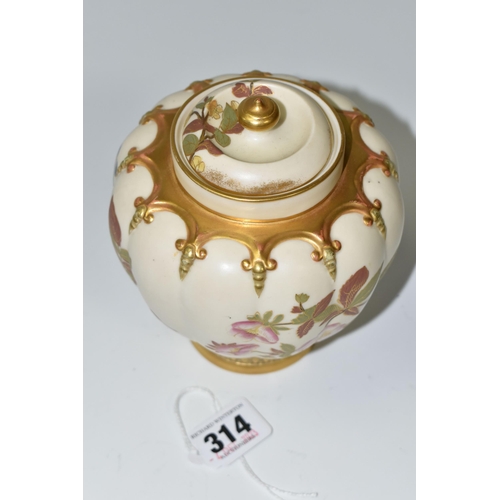 314 - A ROYAL WORCESTER BLUSH IVORY COVERED VASE, of lobed form painted with flowers, purple printed marks... 