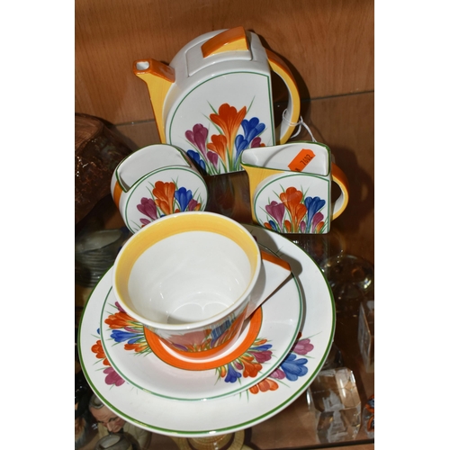 316 - A SIX PIECE BRADFORD EXCHANGE 'CLARICE CLIFF' PART TEA FOR TWO SET, after Clarice Cliff's 'Crocus' p... 