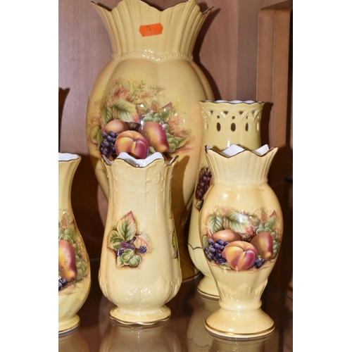 322 - A GROUP OF AYNSLEY ORCHARD GOLD VASES AND PLANTERS, to include twelve vases, tallest 31cm - shortest... 