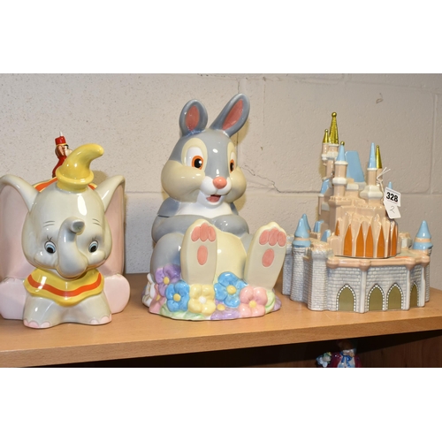 328 - SEVEN DISNEY COOKIE JARS, comprising Cinderella's Castle, Thumper (small chip to one ear, another to... 