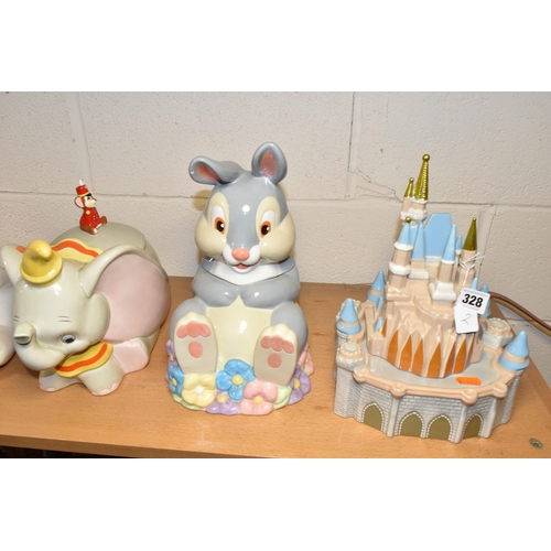 328 - SEVEN DISNEY COOKIE JARS, comprising Cinderella's Castle, Thumper (small chip to one ear, another to... 