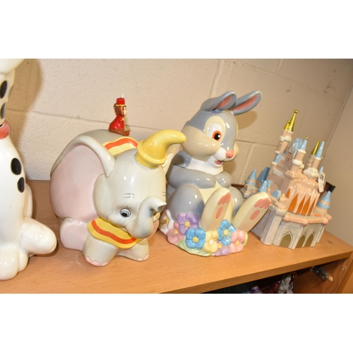 328 - SEVEN DISNEY COOKIE JARS, comprising Cinderella's Castle, Thumper (small chip to one ear, another to... 