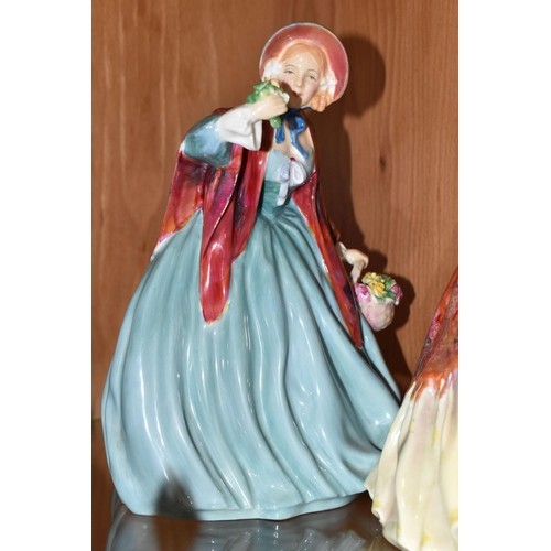 329 - THREE ROYAL DOULTON FIGURINES, comprising Her Ladyship HN1977 (extensive cracks to skirt and base), ... 