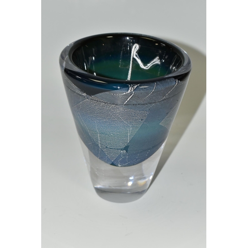 343 - AN IAN BAMFORTH STUDIO GLASS VASE, cylindrical tapering form, with cased blue, silver and black deco... 