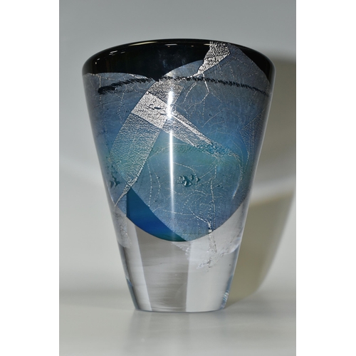 343 - AN IAN BAMFORTH STUDIO GLASS VASE, cylindrical tapering form, with cased blue, silver and black deco... 