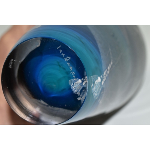 343 - AN IAN BAMFORTH STUDIO GLASS VASE, cylindrical tapering form, with cased blue, silver and black deco... 