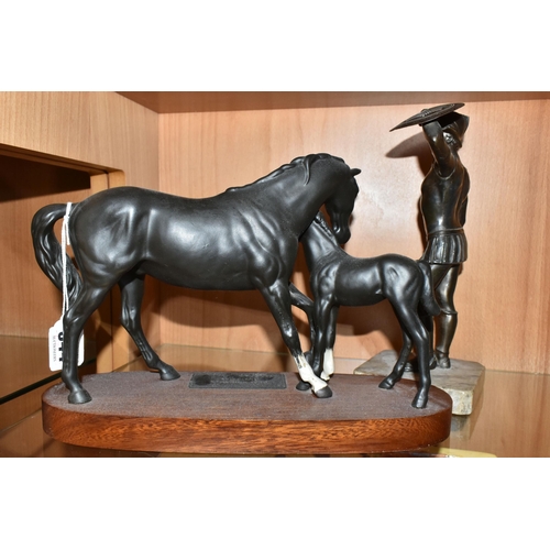 344 - A BESWICK 'BLACK BEAUTY AND FOAL', a Connoisseur model mounted on a wooden plinth, matt glazed, heig... 