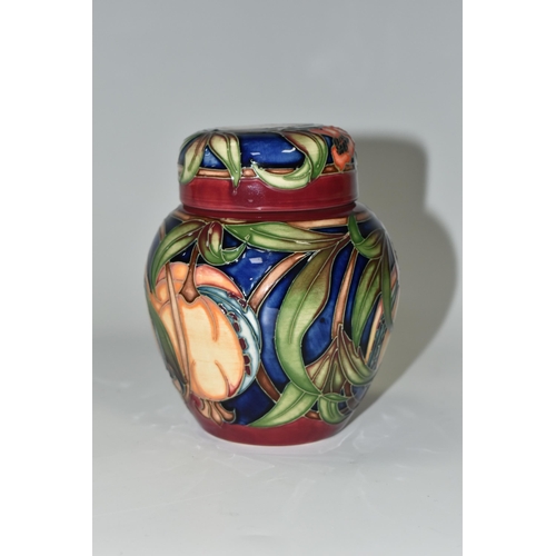 347 - A SMALL MOORCROFT POTTERY 'PLEVRIANA' PATTERN GINGER JAR, height 11cm, of shouldered baluster form, ... 