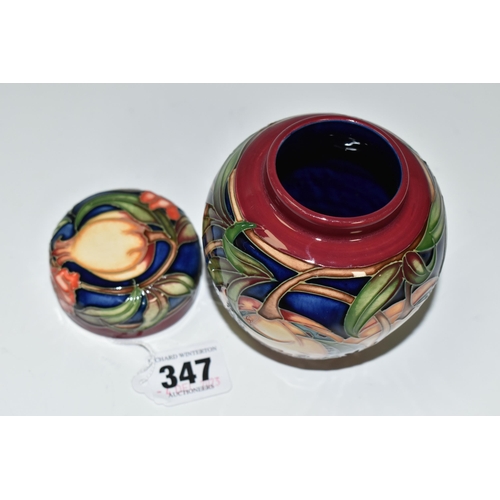 347 - A SMALL MOORCROFT POTTERY 'PLEVRIANA' PATTERN GINGER JAR, height 11cm, of shouldered baluster form, ... 