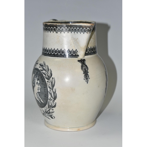 357 - A SWANSEA CAMBRIAN POTTERY PRINTED WARE PITCHER, with a round cartouche of the heads of King George ... 