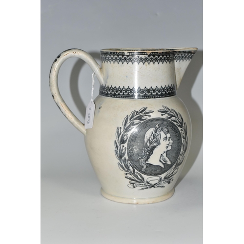 357 - A SWANSEA CAMBRIAN POTTERY PRINTED WARE PITCHER, with a round cartouche of the heads of King George ... 