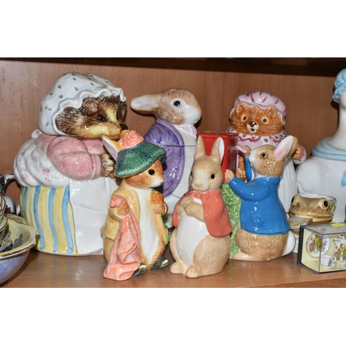 364 - A GROUP OF BEATRIX POTTER CHARACTER COOKIE JARS AND CERAMICS, comprising four cookie jars a 'Sigma' ... 