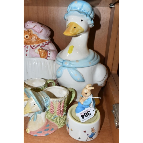 364 - A GROUP OF BEATRIX POTTER CHARACTER COOKIE JARS AND CERAMICS, comprising four cookie jars a 'Sigma' ... 